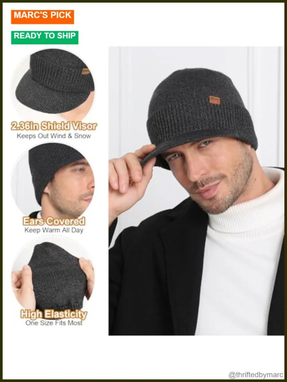 Fleece Lined Thermal Knit Visor Hat Winter Beanie with Brim Windproof